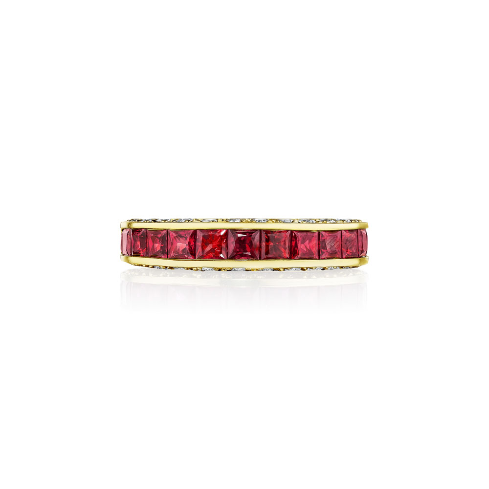 Princess Cut Ruby & Round Diamond 3 Sided Band – SES Creations