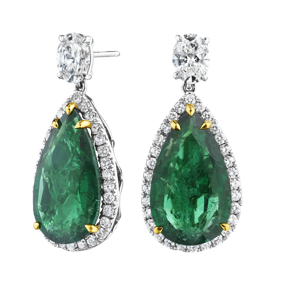 Pear Shape Emerald & Diamond Halo Earrings – SES Creations
